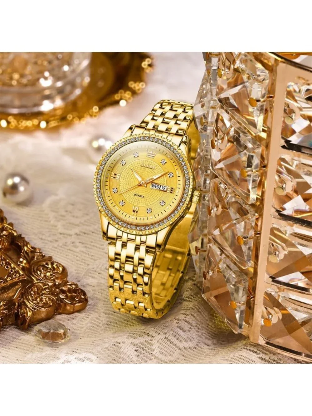 Women's All Gold Stainless Steel Luxury Ladies Waterproof Writs Diamond Watch